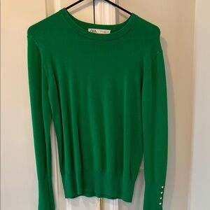 Zara Gold Button Detail Green Knit Top